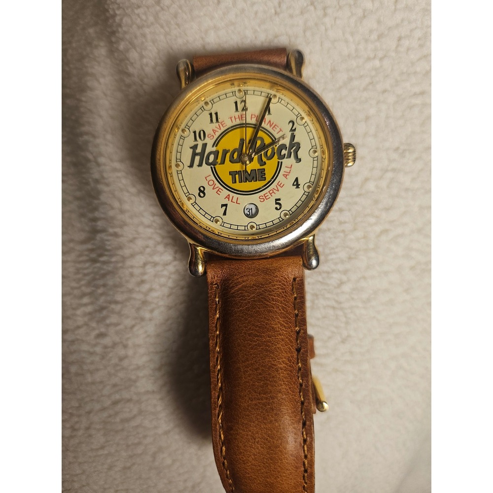 Vintage Hard Rock Cafe Save The Planet Watch Brown Leather Gold Tone Date Dial